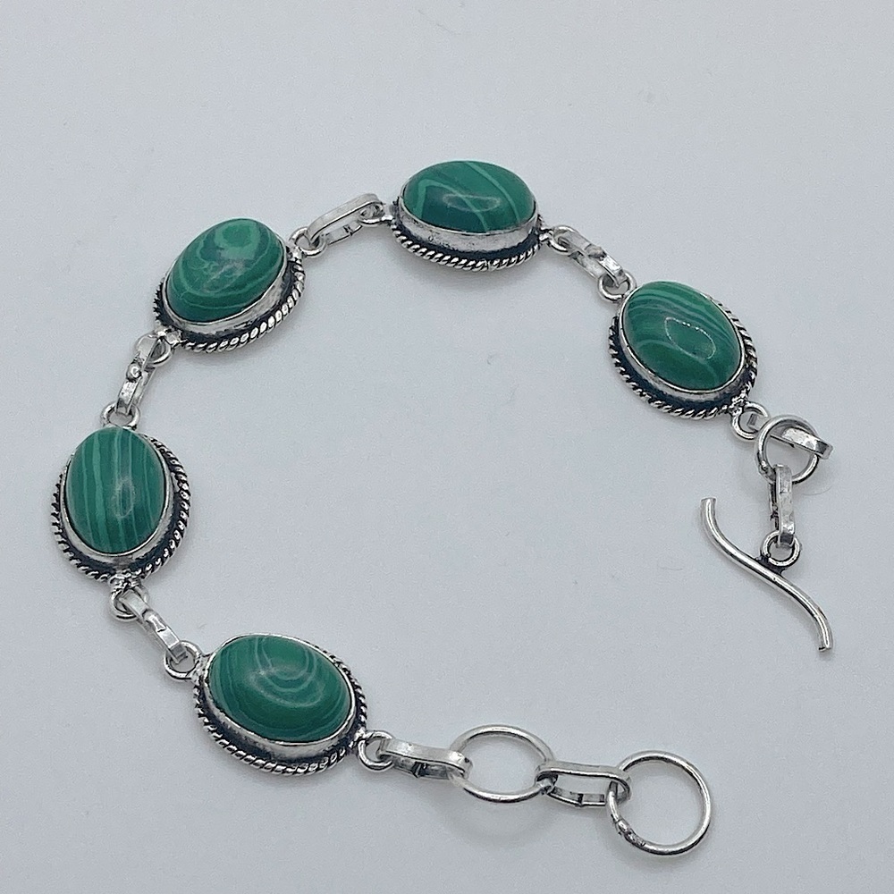 Vtg Faux Malachite Oval Cabochon Stone Unmarked Silver Tone Bracelet 7”- 7.5”